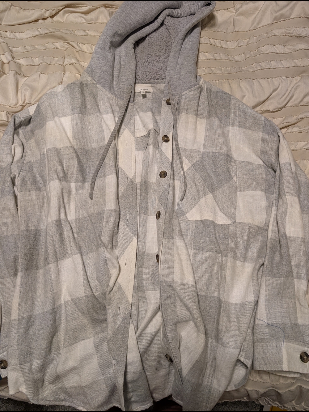 Maurices Light Gray and White Hooded Button-Up